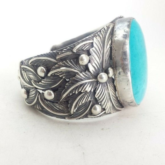 Huge Turquoise Sterling Silver Cuff Bracelet,VINTAGE SOUTHWESTERN Jewelry - Picture 2 of 4